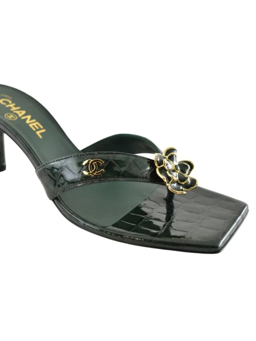 Chanel 26A Green Crocodile Croc CC Flower Backless Mule Heel Thong Sandal